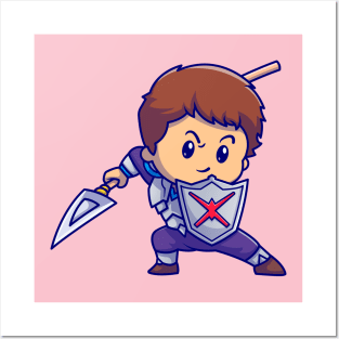 Cute Boy Knight With Shield And Spear Cartoon Posters and Art